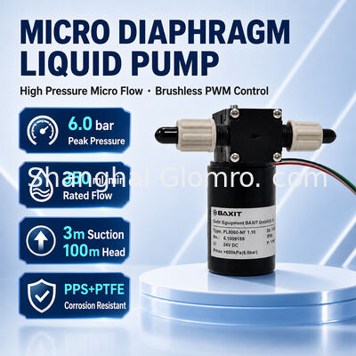 BAXIT PL8060-NF1.10 Borstelloze diafragmapomp 12V/24V PWM snelheidscontrole PTFE zuur/alkali resistente 6 bar hogedrukpomp